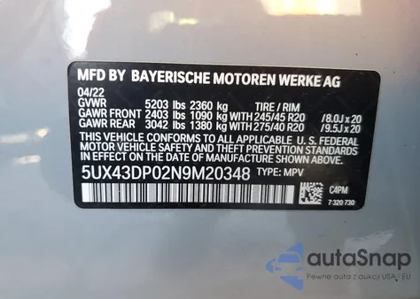 2022 BMW X3 Sdrive30I z USA, uszkodzony, nr VIN 5UX43DP02N9M20348